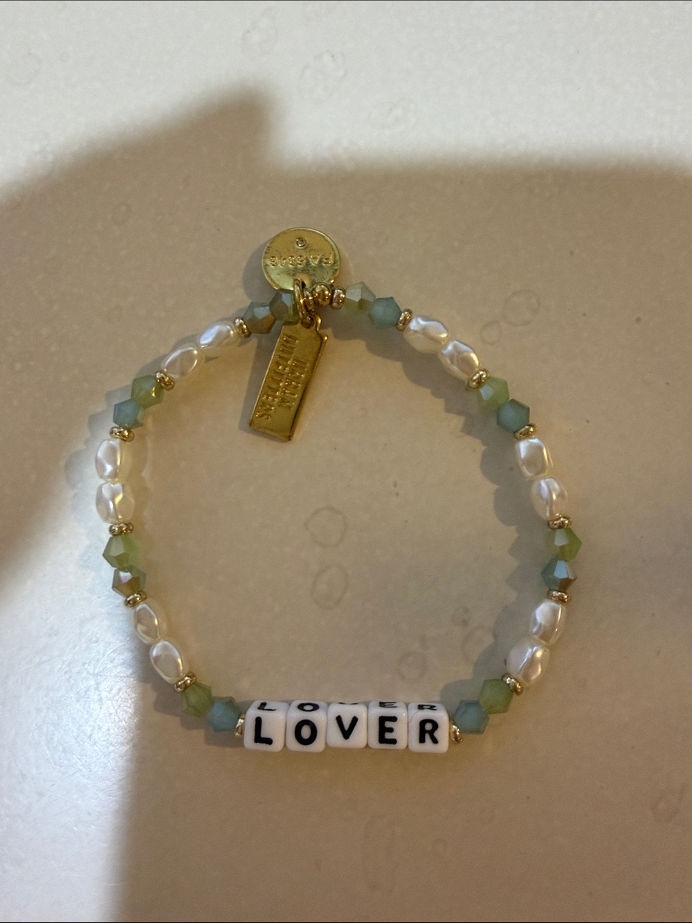 Little Words Project Green and White 'LOVER' Beaded Stretch Bracelet